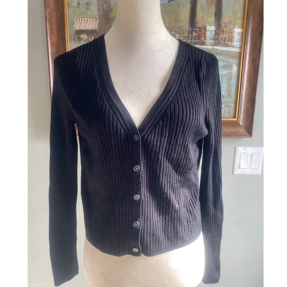 Boden Womens Black Ribbed V-Neck‎ Button Front Cardigan Sweater Size L